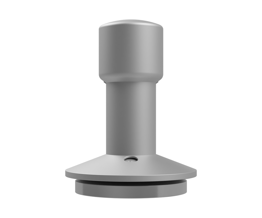 Varia Calibre Tamper in Silber, Seitenansicht mit Sichtfenster für den Anpressdruck