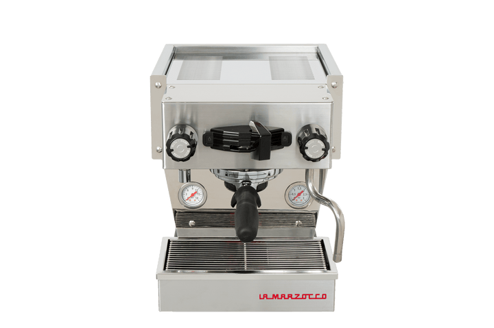 La Marzocco Linea Micra in Brushed Steel, front view with portafilter