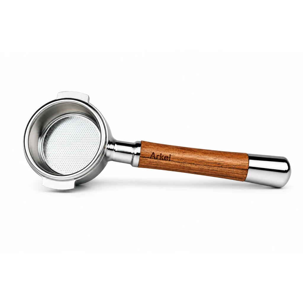 Arkel 58 mm double-spout portafilter with wooden handle, included with Tide