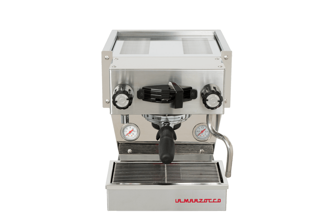 La Marzocco Linea Micra in Brushed Edelstahl, Vorderansicht mit Siebträger