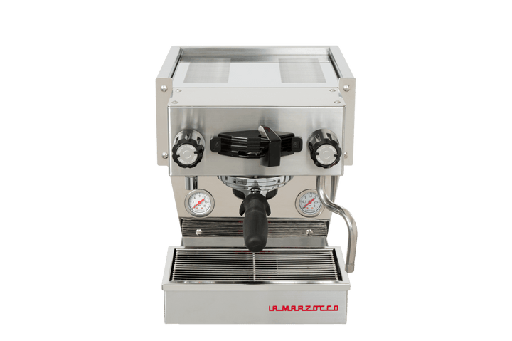 La Marzocco Linea Micra in Brushed Edelstahl, Vorderansicht mit Siebträger