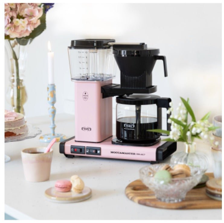 Pink Moccamaster KBG Select brewing into glass carafe