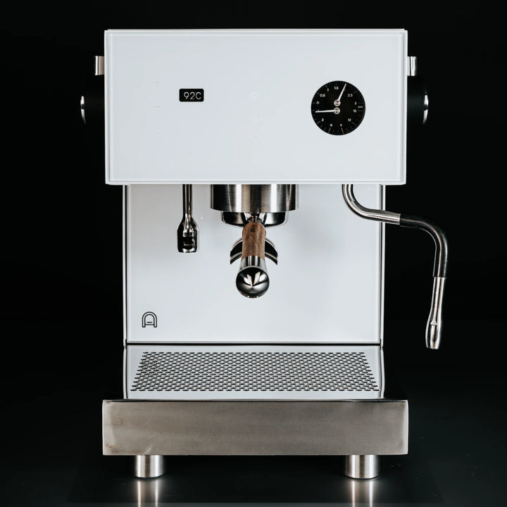 Arkel Tide espresso machine in white with stainless steel drip tray