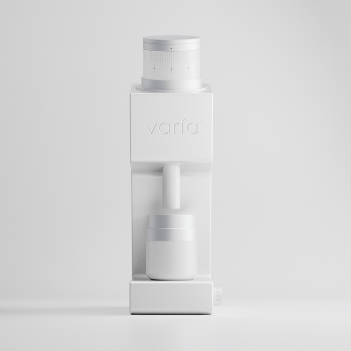 Varia VS4 coffee grinder in white, open box and unused, front view